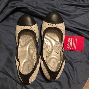 Never worn, dark navy and white perforated ballet slips